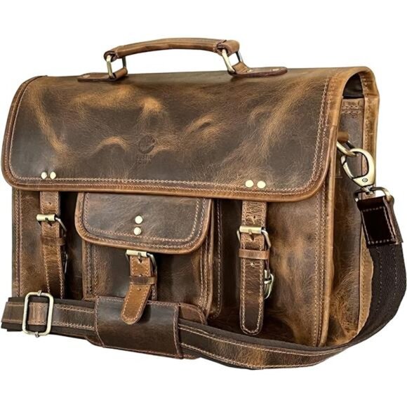 Leather Messenger Bag for Men - Full Grain Leather Briefcase Laptop - Picture 1 of 7